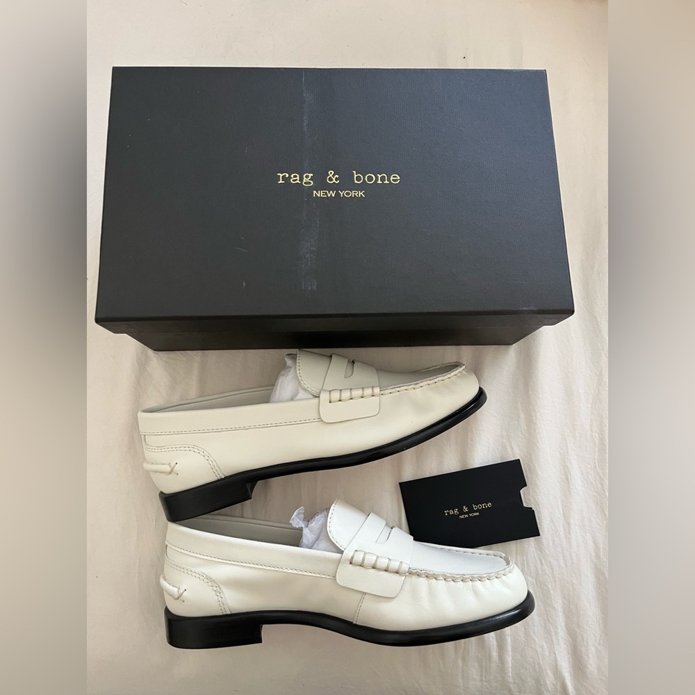 rag & bone White Leather Penny Loafers with Black Sole